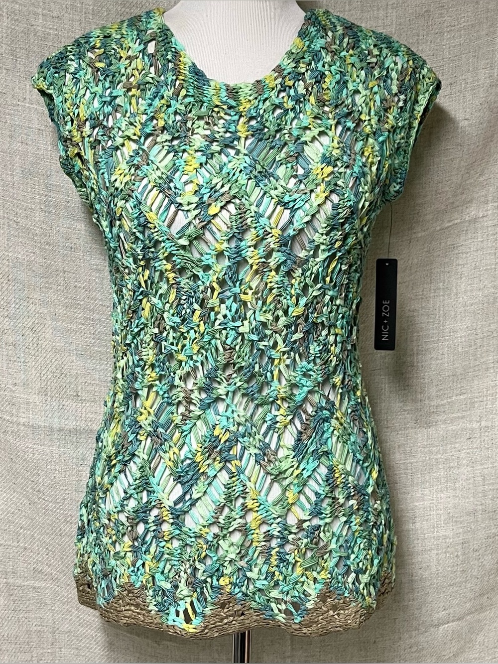 NIC+ZOE Green Multi-Color Open Knit Tank